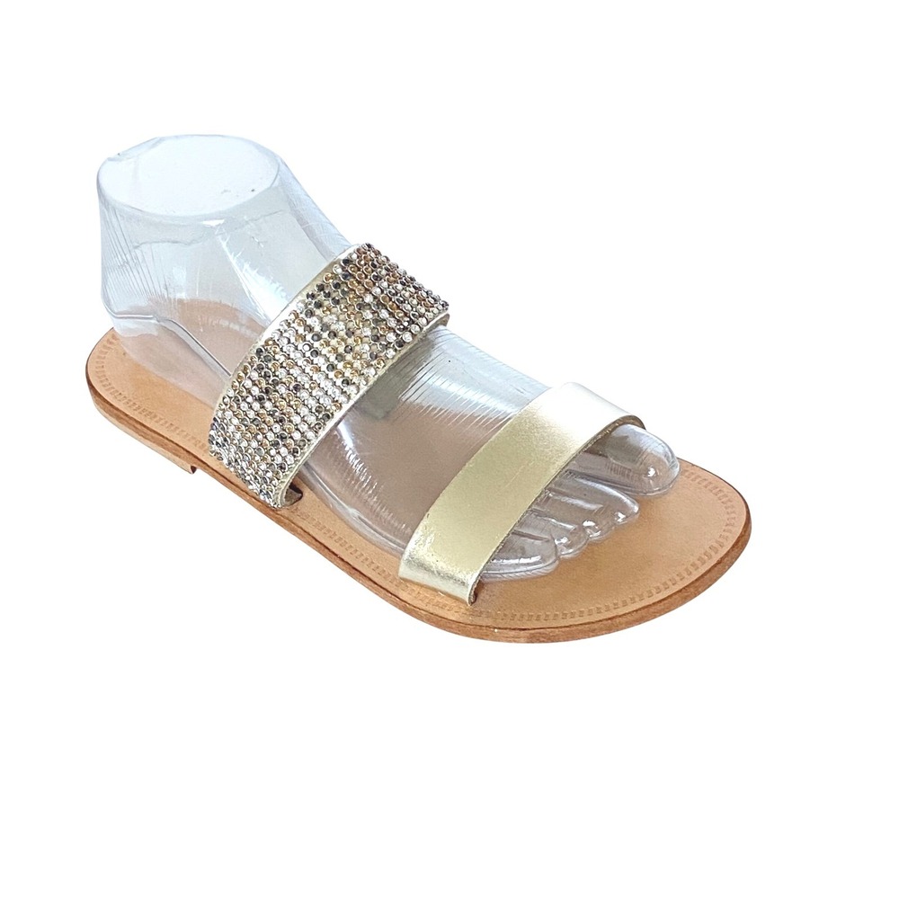 Bahia Made in Italy Gold Crystal Rhinestone Embellished Leather Slide Sandal 7.5